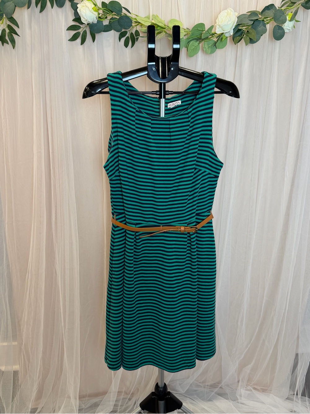 Merona Green & Navy Striped Sleeveless Belted Dress Size Large